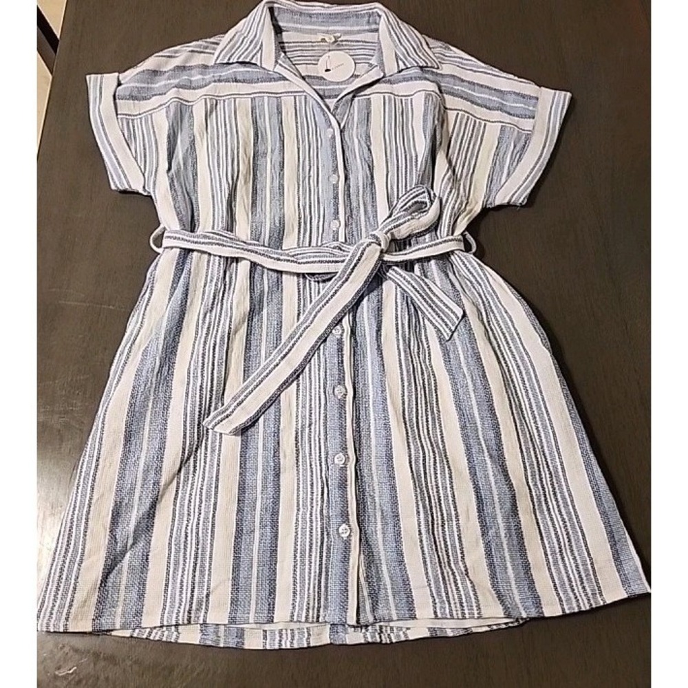 NWT Coastal Blue Stripe Shirt Dress 100% Cotton Med En Creme Lined Beach Anthro